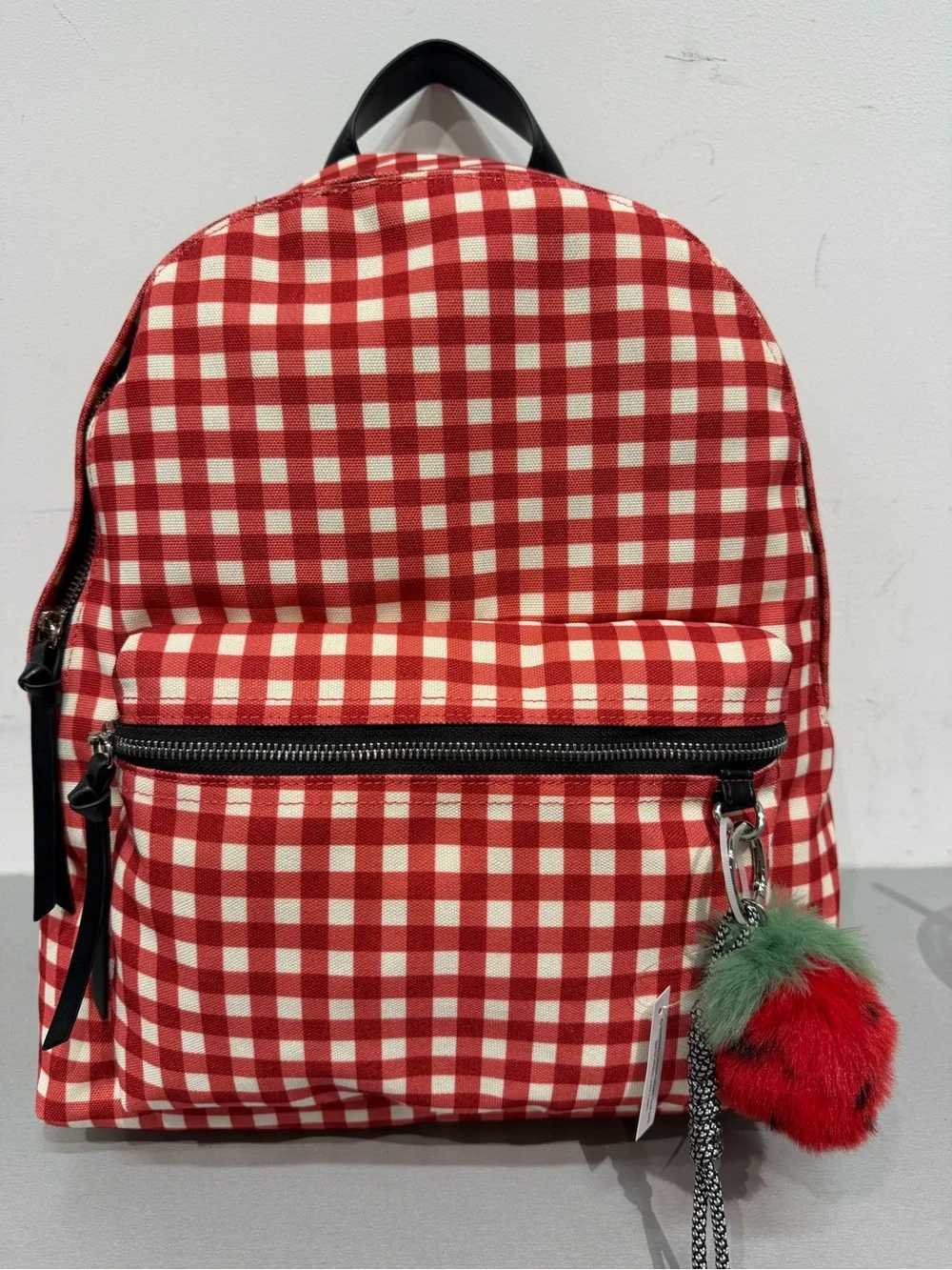 Steve Madden Red and Cream Gingham Backpack with Pom Charm